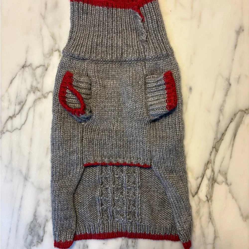 Cozy Gray Cable Knit Dog Sweater with Red Trim